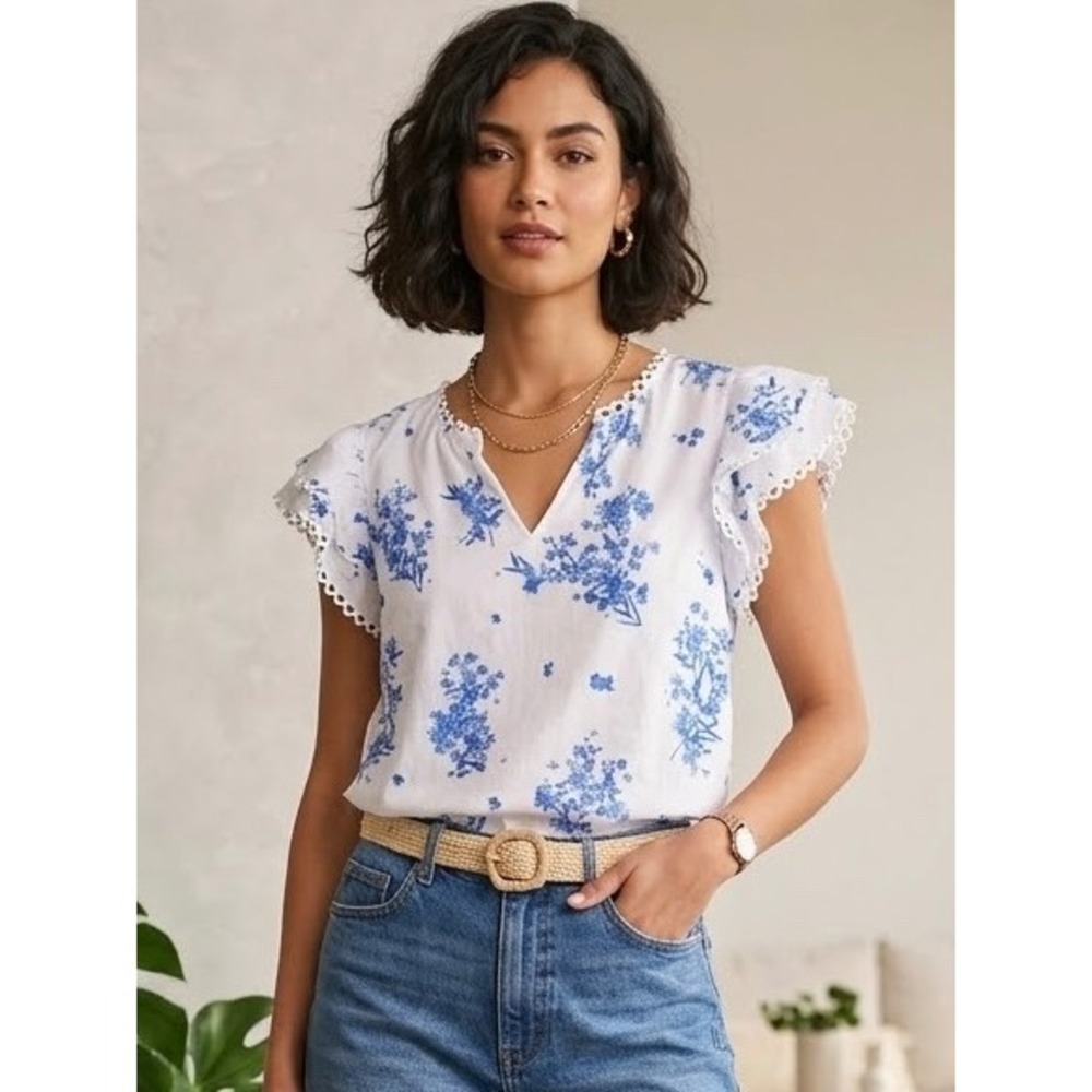 Sugarlips Floral Flutter Sleeve Eyelet Lace Blouse Blue White  Large